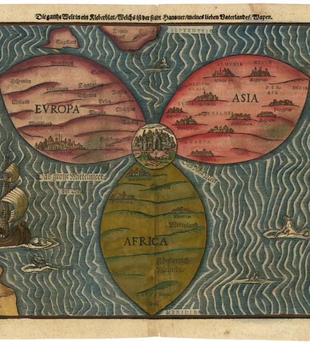 An old map depicting Europe, Asia and Africa as 3 ovals radiating from a center circle with ocean all around.