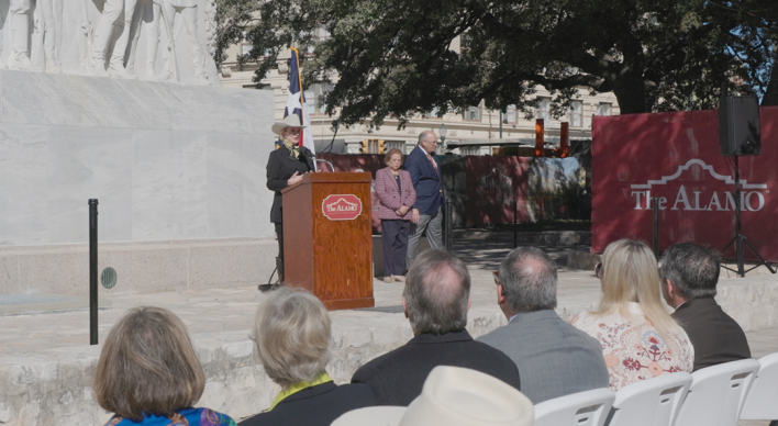 Texas Land Commissioner Dawn Buckingham, M.D., speaks at the Alamo Cenotaph Rededication Ceremony on Veterans Day