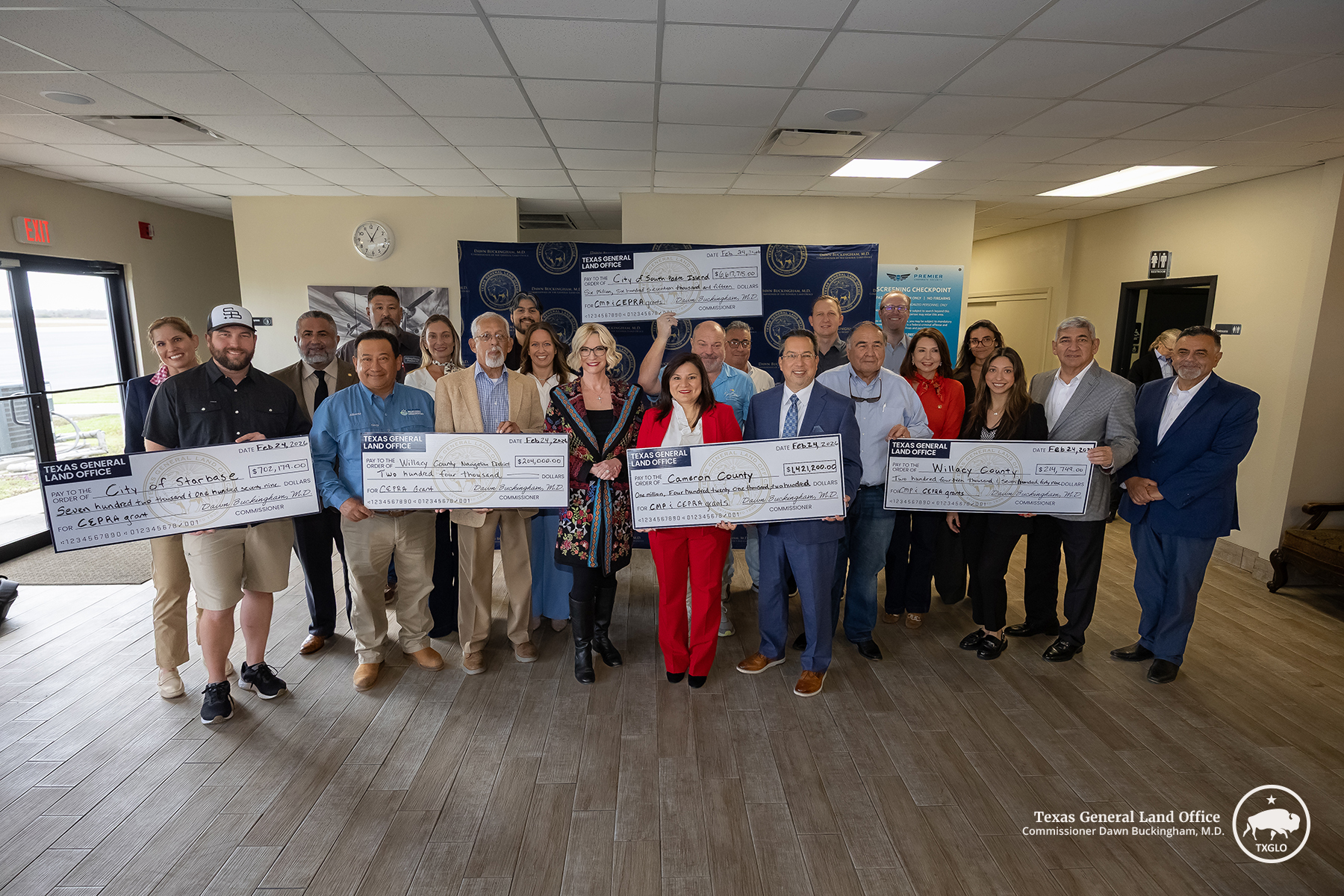 Commissioner Buckingham presented checks in Brownsville to Cameron County, City of Starbase, City of South Padre Island, Willacy County and the Willacy County Navigation District while announcing a new round of GLO Coastal Resources Project Funding