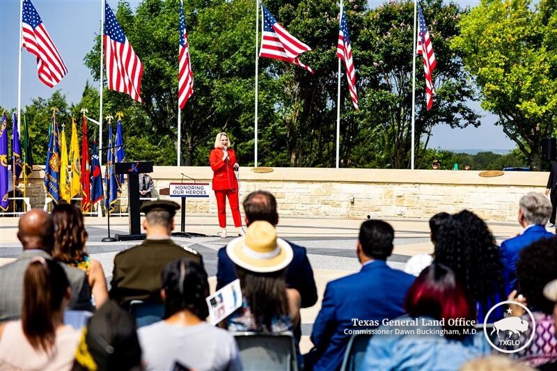 VLB Chairwoman Dawn Buckingham, M.D., speaks at the Central Texas State Veteran Cemetery in Killeen
