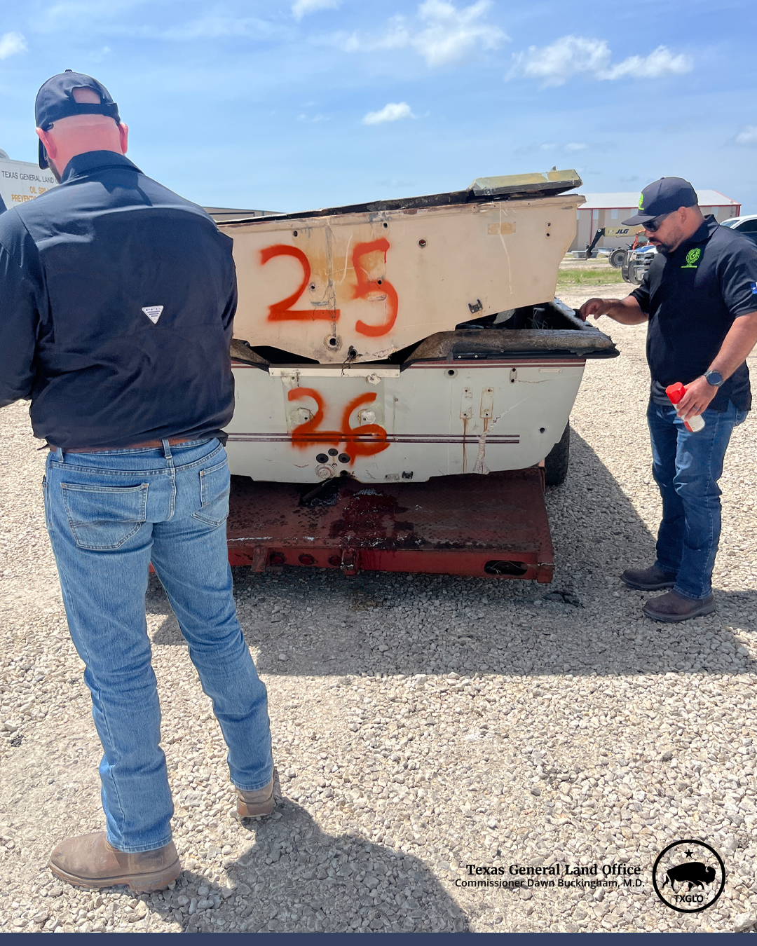 GLO crews inspect boats turned in during the San Patricio County Vessel Turn-In Program in May 2026