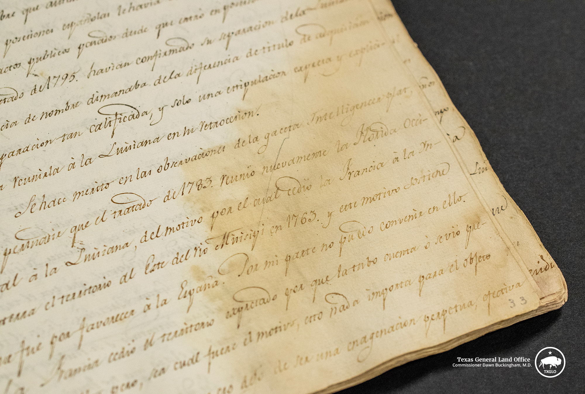 A close up of the GLO's copy of the Adams-Onís Treaty