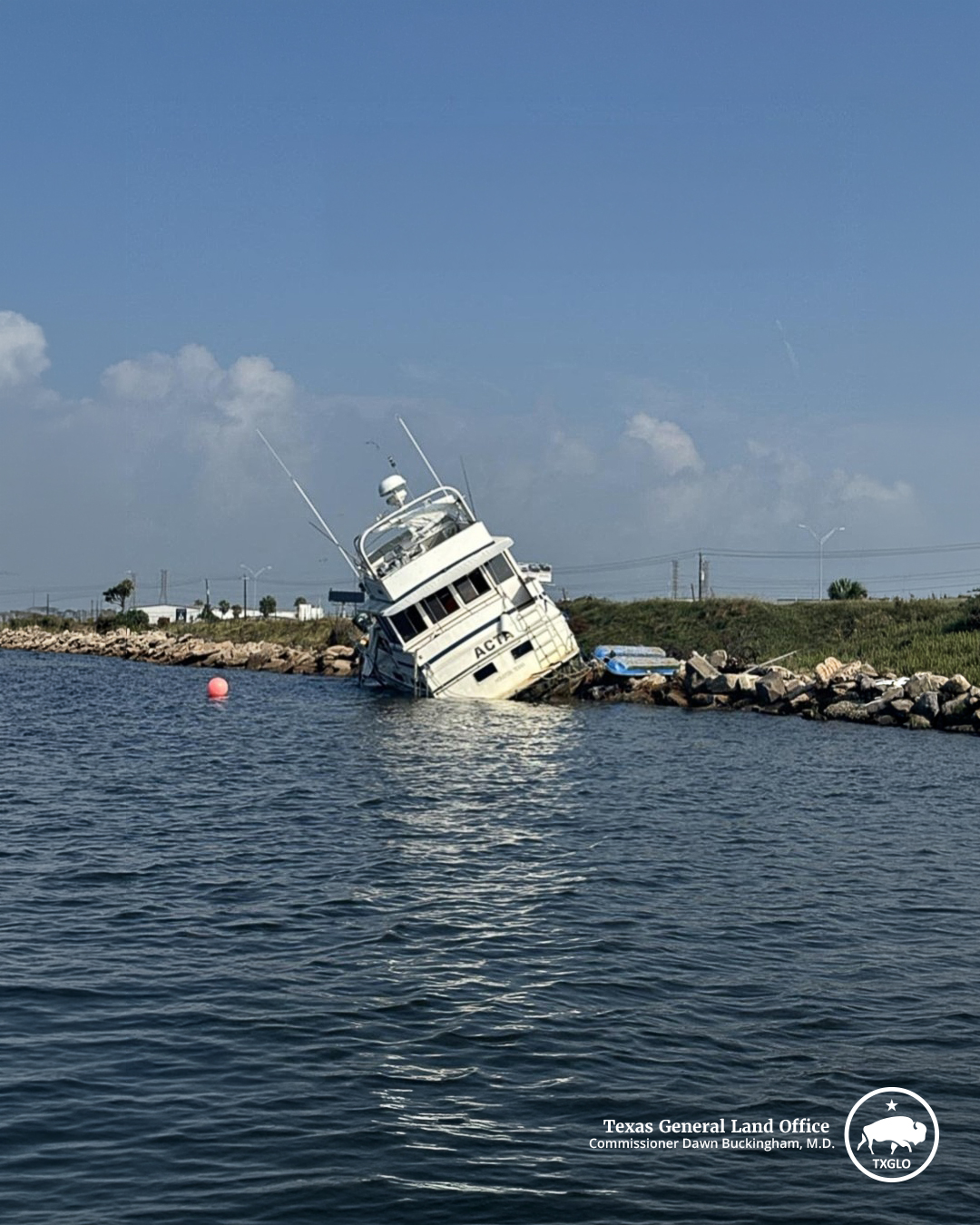 The 51-foot fiberglass recreational vessel, 'ACTA,' is pictured immediately following Hurricane Beryl, which made landfall on the Texas Coast on Tuesday, July 8, 2024 as a Category I hurricane. This photo was taken the next day, Wednesday, July 9, 2024.