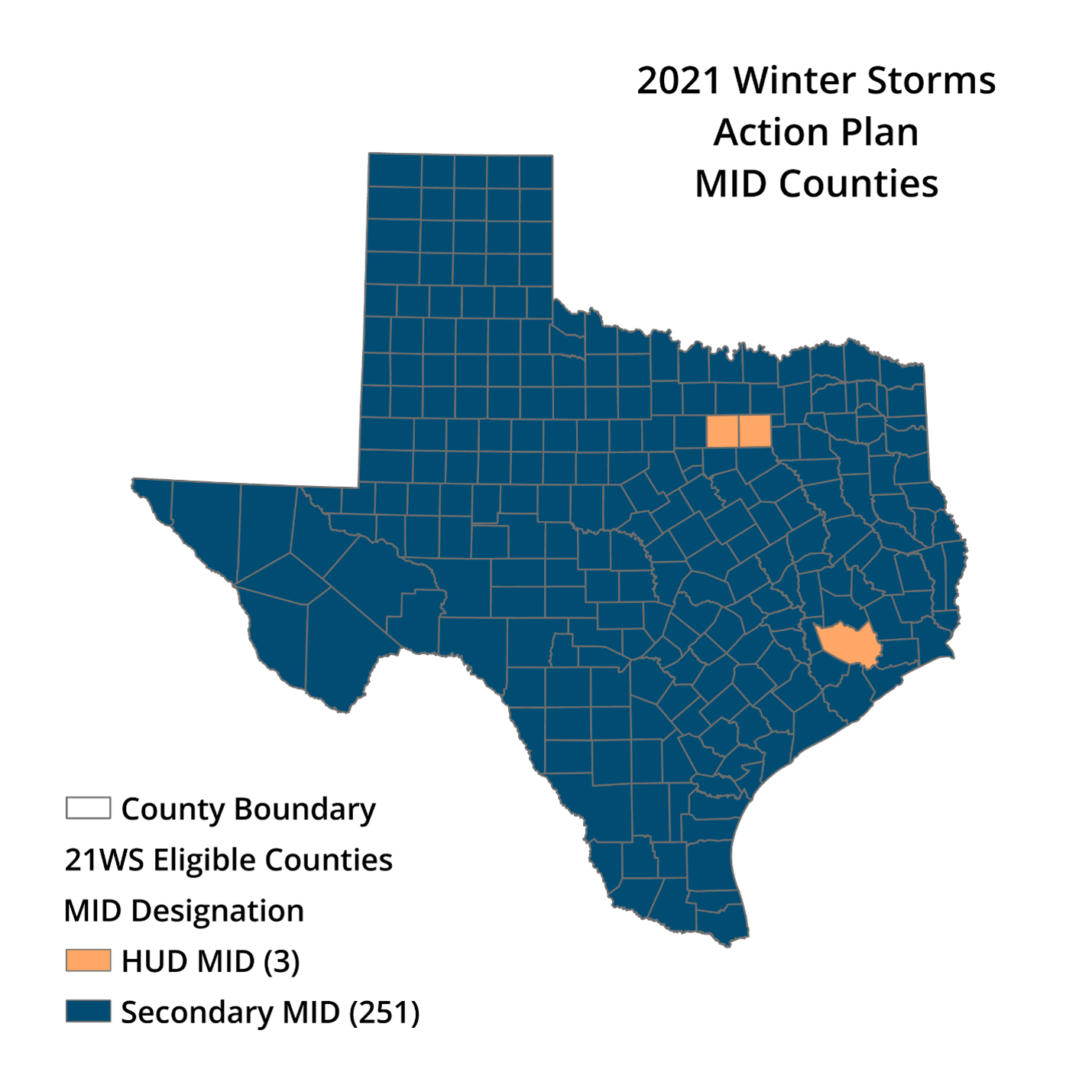Map of Texas showing the Winter Storm Action Plan counties