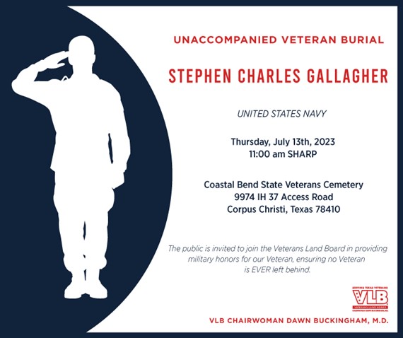 Stephen Charles Gallagher Unaccompanied Veteran Burial Graphic